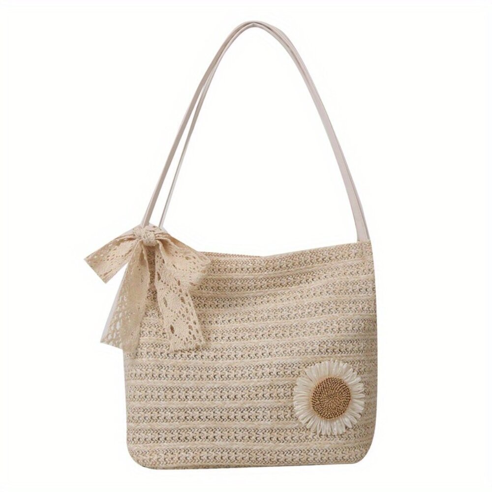 Brown Cream Woven Bucket Shoulder Bag Bow Detail Kiss Lock NWT